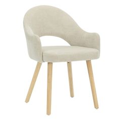 an upholstered chair with wooden legs and a beige fabric seat, on a white background