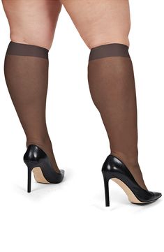 These knee-highs with a wide cuff are delightfully translucent and easy to keep in place all day long. Nylon/spandex Machine wash, dry flat Imported Knee High Stockings, Trouser Socks, Knee Highs, High Knees, Wide Cuff, Knee High Socks, Nylon Fabric, Off Black, Sleek Look