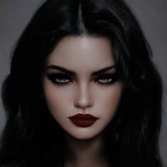 a woman with long black hair and red lipstick on her face, wearing dark makeup