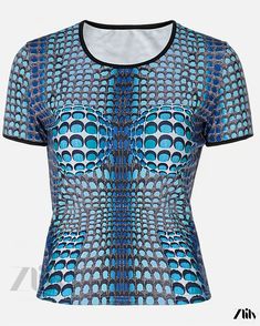 Zlily - Fashionable Printed Round Neck Short Sleeve Shirt Printed Crew Neck Tops For Party, Fitted Blue Blouse With Crew Neck, Fitted Blue Crew Neck Blouse, Patterned Fitted Crew Neck Top, Fitted Patterned Crew Neck Top, Fitted Patterned Top With Graphic Print, Fitted Patterned Tops With Graphic Print, Fitted Blue Printed Tops, Patterned Fitted Short Sleeve Tops