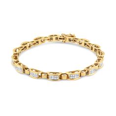 This geometric pattern link bracelet is a timeless piece. Small yellow gold bands link with larger bands inlaid with eight princess cut diamonds. 2 1/2ct TDW in diamonds shine in this design. A box with clasp mechanism keeps this 14k yellow gold bracelet design secure. The diamonds sparkle in an invisible setting and will shine bright on your wrist. You will love how this bracelet pairs well with any outfit you put on. Gold Bracelet Design, Bracelet Tennis, Princess Cut Gold, Yellow Jewelry, Bracelets Design, Yellow Gold Bracelet, Bracelet Clasps, Princess Cut Diamonds, Tennis Bracelet