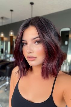 45 Sizzling Hot Red Highlights Ideas for Black Hair - Flo's Blog Medium Hair Colors Ideas, Black Cherry Bob Haircut, Violet Copper Balayage, Shoulder Length Red Hair With Highlights, Hair Color For Shoulder Length Hair, Dark Hair With Colored Money Piece, Deep Purple Highlights On Dark Hair, Plum Hair Short, Burgundy Bob Hair