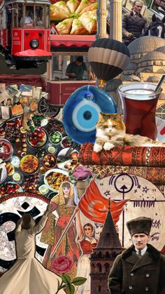 a collage of many different pictures including food and people in old fashioned clothing, with an image of a cat sitting on top of a table