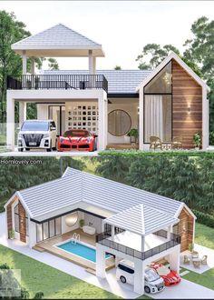 two different views of a house with cars parked in the driveway and an above ground swimming pool