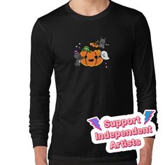 Slim fit, crew neck t-shirt with long sleeves and ribbed cuffs. Solid colors are 100% cotton, heather colors are cotton blend. Range of colors available, with the option to print on front or back. Size range S-2XL, suitable for men and women. Happy Halloween! Trick or treat someone to spooky friends: ghost, bat, pumpkin, black cat and spider. Casual Long Sleeve T-shirt, Unisex Long Sleeve T-shirt For Fall, Long Sleeve T-shirt With Screen Print For Fall, Long Sleeve Graphic Tee With Funny Print, Black Character Print T-shirt For Winter, Unisex Long Sleeve T-shirt With Letter Print, Black Long Sleeve Pre-shrunk T-shirt, Black Cartoon Print T-shirt For Winter, Funny Print Long Sleeve T-shirt For Fall