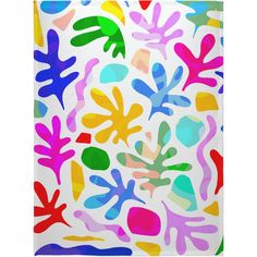 an abstract painting with multicolored hand prints on white paper