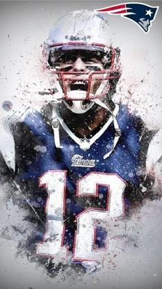 the new england football player is shown in this digital painting style poster, which features an image of him wearing a helmet