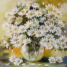 a painting of white daisies in a glass vase