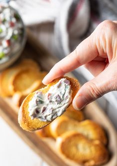 a hand holding a cracker with dip in it