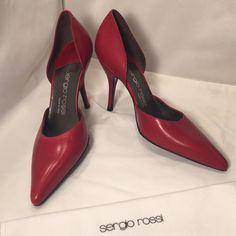 Sergio Rossi Designer Heels Closed Toe D’orsay Pump High Round Heel Red Polished Calf Leather Size 6.5 Heel 3.85” Never Been Worn. Comes In Original Box With Shoe Bag Fitted Red Court Shoes For Evening, Red High Heel Court Shoes For Evening, Red Pointed Toe Heels For Gala, Elegant High Heel Court Shoes With Red Sole, Elegant Fitted Red Court Shoes, Elegant Closed Toe Court Shoes With Red Sole, Formal Heels With Red Sole And Open Heel, Elegant Court Shoes With Red Sole And Closed Toe, Luxury Red Court Shoes For Evening