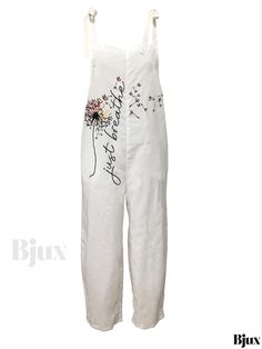 Bjux - Dandelion & Letter Printed Spaghetti Strap Jumpsuit: Stylish Womens Casual Wear for Spring & Summer White Sleeveless Overalls For Spring, White Cotton Jumpsuits And Rompers With Floral Print, White Spaghetti Straps Jumpsuits And Rompers For Spring, White Jumpsuits And Rompers With Spaghetti Straps For Spring, White Printed Overall Jumpsuits And Rompers, White Spaghetti Straps Jumpsuit For Spring, White Spaghetti Strap Jumpsuits For Spring, Sleeveless White Cotton Overalls, Spaghetti Strap Jumpsuit