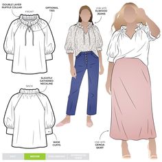 a woman's blouse and pants sewing pattern, with the details shown below it