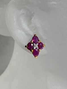 Burmese Ruby with Natural Diamond 18K Solid Gold. Weight of natural ruby 8pcs-1.33ct. Weight of natural diamond 2pcs-0.25ct. Length and width of earring 10.56x8.8mm. Each ruby 3.47x3.2mm average. Total weight of earring 2.7gm. Natural Burmese ruby heated, colour red transparent. Clarity - VVS / VS Origin of ruby -Mong Hsu Burma (Myanmar) Condition -Brand New Certificate of Guarantee. Made in Myanmar (Burma) Ready to ship in next day. Please feel free to message me for any questions related to the piece. Fine Jewelry Ruby Diamond Earrings, Ruby Gemstone Diamond Earrings In Fine Jewelry Style, Ruby Diamond Earrings Fine Jewelry, Ruby Diamond Earrings In Fine Jewelry Style, Ruby Gemstone Diamond Earrings For Formal Occasions, Formal Ruby Gemstone Diamond Earrings, Ruby Diamond Earrings With Accents For Anniversary, Ruby Diamond Earrings For Anniversary, Anniversary Ruby Diamond Earrings