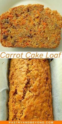 carrot cake loaf is cut into slices and placed on top of each other with the words carrot cake loaf above it