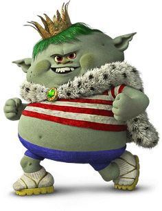 an animated troll with green hair and a crown