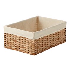 a wicker basket with a white lining