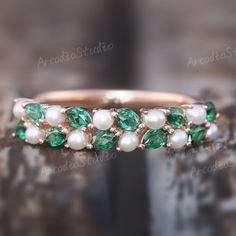 Vintage Emerald Marquise Cut Engagement Ring Rose Gold Pearl Wedding Ring Art Deco Straight Band Unique May Birthstone Promise Ring - Etsy Emerald Cluster Ring For Wedding, May Birthstone, Emerald Cluster Ring For Wedding And May Birthstone, Wedding Emerald Ring May Birthstone, Wedding Emerald Cluster Ring With Birthstone, Wedding Cluster Ring With Emerald Birthstone, Emerald Ring For May Birthstone Wedding, Wedding Multi-stone Emerald Ring For May Birthstone, Oval Multi-stone Pearl Ring For Wedding, Green Stackable Wedding Rings Fine Jewelry