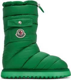 Moncler: Green Gaia Boots | SSENSE Satin Boots, Footwear Design, Luxury Streetwear, Flap Pocket, Custom Clothes, Patch Logo, Designer Shoes, Designer Fashion, Rubber Sole