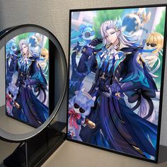 two anime characters are shown in front of a mirror with the reflection of them on it