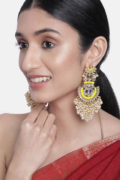 Buy Women's Alloy Large Dangle Earring in Yellow - Online Celebration Temple Jewelry Chandelier Dangle Earrings, Gold Kundan Beaded Earrings, Yellow Jewelry With Latkans For Celebration, Yellow Latkans Jewelry For Celebration, Traditional Yellow Teardrop Earrings, Celebration Chandbalis With Dangling Beads, Kundan Earrings With Dangling Beads, Yellow Danglers With Latkans For Celebration, Dangle Chandbalis For Diwali