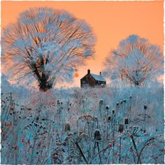 a house in the middle of a field with trees and grass covered in snow at sunset