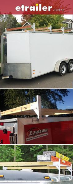 an enclosed trailer is shown in three different pictures, including the front and back sides