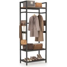 an open shelving unit with shoes, coats and bags on the bottom shelf next to it