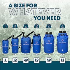 the water bag sizes are shown in blue