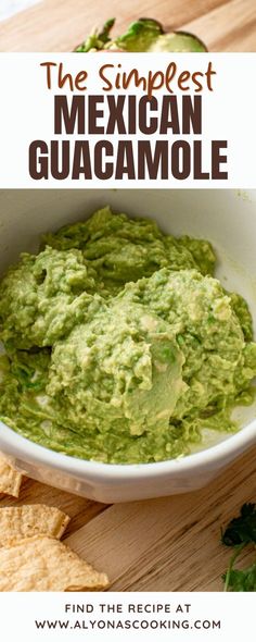 guacamole in a white bowl with tortilla chips on the side