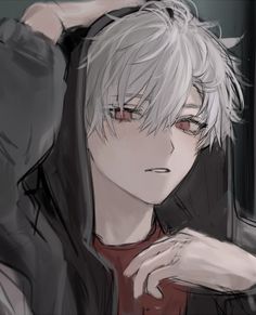 an anime character with white hair and red eyes, wearing a black jacket in front of a window