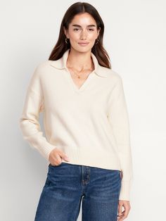 polo collar long sleeves pullover style rib-knit trim relaxed fit hits below waist models are approx.  5'9" and wear sizes s (4), l (12), and xl (18)machine wash according to the care instruction label  . Best Holiday gift for Women , perfect Sweaters for Christmas! Preppy Fashion, Sweater Polo, Women's Cardigans, Textured Knit Sweater, Pajamas Gift, Fall Fit, Sweater White, Polo Sweater, Cardigan Sweaters For Women