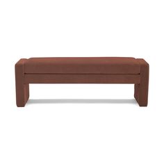 a brown bench sitting on top of a white floor