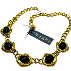 Trifari Vintage Signed Black Faux Onyx Gold Tone Chain Necklace New W Tags. This Is New. It Still Has The Original Tags Attached. See All Photos For Details And Measurements Elegant Black Necklace With Chain Strap, Elegant Black Chain Necklace, Vintage Gold Necklace, Floral Statement Necklace, White Beaded Necklaces, Trifari Jewelry, Rhinestone Choker Necklace, Statement Choker Necklace, Choker Style Necklace