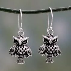 Unique Bird Theme Sterling Silver Owl Dangle Earrings - Owl at Midnight | NOVICA Sterling Silver Owl, Unique Handmade Earrings, Silver Owl, Owl Earrings, Bird Theme, Silver Dangle Earrings, Sterling Silver Dangle Earrings, Earring Crafts, Lovely Jewellery