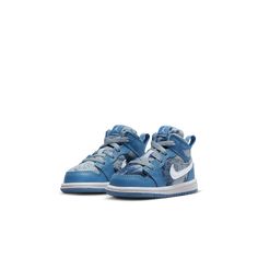 Your kiddo is all about summertime fun, and these Jordan 1s will bring the sunshine. Comfy and durable, the leather and tie-dye denim upper is built to last. A pull tab makes on-and-off extra easy so your little one can spend less time getting ready and more time playing outside.Leather and denim in the upper add durability.Soft, flexible midsole is lightweight and cushiony.Rubber outsole provides traction on a variety of surfaces.Pull tab at the collar makes it easy to put 'em on and take 'em o Tie Dye Denim, Jordan 1s, Marina Blue, University Blue, Jordan 1 Mid, Summertime Fun, New Nike, Baby Size, Jordan 1