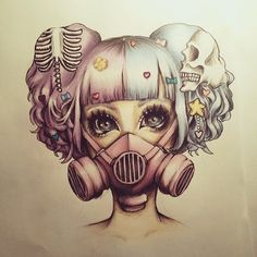 a drawing of a girl wearing a gas mask with skulls on her head and skull in the background