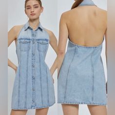 Denim Halter Mini Dress Open Back Front Button Detail Light Wash Denim Mini Dress With Pockets, Spring Denim Mini Dress With Snap Buttons, Fitted Light Wash Denim Dress, Light Wash Denim Mini Dress With Button Closure, Denim Blue Cotton Dresses With Snap Buttons, Summer Washed Blue Dresses With Button Closure, Fitted Denim Dress With Snap Buttons, Fitted Denim Dress With Snap Buttons For Spring, Blue Denim Dresses With Button Closure