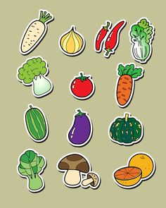 a bunch of stickers with different types of fruits and vegetables in them on a gray background