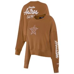 Women's Houston Astros Pro Standard Brown Paint The City Pullover Cropped Sweatshirt Collegiate College Tops With Embroidered Logo, Collegiate Tops With Embroidered Logo For College, Trendy Embroidered Logo Top For Streetwear, Trendy Streetwear Tops With Embroidered Logo, Trendy Streetwear Top With Embroidered Logo, Team-colored Tops With Embroidered Logo For College, College Tops With Team-colored Embroidered Logo, Sporty Embroidered Graphics Tops For College, Sporty College Tops With Embroidered Graphics