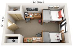 an overhead view of a bedroom and living room in a studio apartment, with the measurements shown