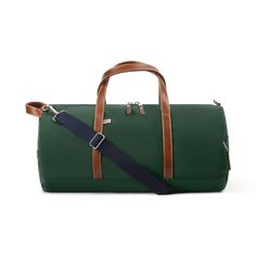 Medium Nylon Duffel with Shoe Compartment - Hunter Green/Whiskey Brown - Hudson Sutler Functional Leather Duffle Bag With Leather Trim, Green Leather Duffle Bag With Luggage Sleeve, Green Leather Travel Bag With Luggage Sleeve, Leather Weekender Bag With Leather Trim For Outdoor, Leather Weekender Bag For Outdoor Use, Casual Leather Duffle Bag With Leather Trim, Outdoor Leather Weekender Bag With Leather Trim, Leather Duffle Bag With Leather Trim, Sporty Leather Duffle Bag For Travel