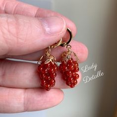 "Tiny RED Agate Grape Earrings, GEORGIAN, Pair of reproduction 18th century RED Agate grape hoop earrings, 16K gold or Silver plated GEORGIAN reproduction RED Agate earrings - grape clusters like this were very popular throughout the centuries, including early examples in the Georgian or Colonial period, and thru the Victorian era. Small clusters of red AGATE beads with your choice of gold or silver leaf design, on high quality, period appropriate loops - 16K gold plated brass OR Silver plated. Elegant Handmade Agate Earrings, Carnelian Wire Wrapped Earrings As Gift, Carnelian Wire Wrapped Earrings For Gift, Handmade Amber Agate Earrings, Elegant Wire Wrapped Amber Earrings, Elegant Amber Wire Wrapped Earrings, Gift Carnelian Wire Wrapped Earrings, Carnelian Gold Earrings With Ear Wire, Gold Carnelian Earrings With Ear Wire