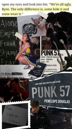 collage of photos with words and pictures about punk 5, including an image of a woman