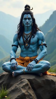 a man sitting on top of a rock in the middle of a forest with mountains behind him