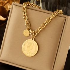 New! Round Gold Portrait Coin Necklace. 18k Gold Plating. See Description In Photos For Measurements. Portrait Necklace, Coin Pendant Necklace, Multi Layer Necklace, Luxury Necklace, Girl Jewelry, Gold Necklace Designs, Long Pendant Necklace, Coin Necklace, Girls Jewelry