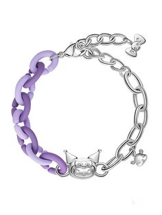 Elevate your accessory game with our exclusive Kuromi collaboration silver and purple bracelet. This unique piece features a sleek design with a pop of color, perfect for adding a touch of edgy charm to your outfit.   Please note that this product includes only one bracelet. Trendy Silver Charm Bracelet With Extender, Trendy Purple Jewelry With Chain, Trendy Purple Jewelry For Everyday, Trendy Purple Everyday Jewelry, Trendy Everyday Purple Jewelry, Male Steampunk, Steampunk Fashion Female, Steampunk Fashion Male, Tie Necklace