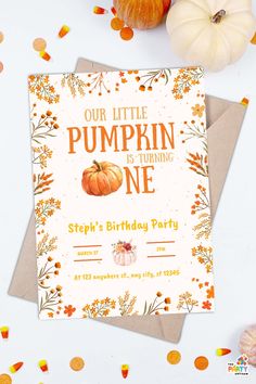 an orange pumpkin birthday party card with the words, our little pumpkin is turning one