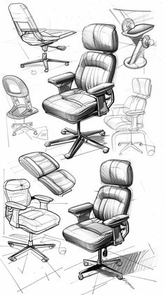 sketches of office chairs and desks in various positions, from the perspective to the back