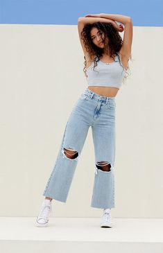 The Light Indigo Ripped Cropped Wide Leg Jeans from PacSun bring a rebellious update to your denim collection. These high-waisted jeans feature a trendy cropped wide-leg silhouette, ripped knee details, and a raw-cut hem.

Learn more about PacSun eco items Pacsun Outfits, Wide Leg Ripped Jeans, Denim Photoshoot, Ripped Straight Leg Jeans, Clothing Board, High Waisted Ripped Jeans, Fun List, Wide Legged Jeans