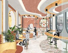 an artist's rendering of the inside of a restaurant with people sitting at tables